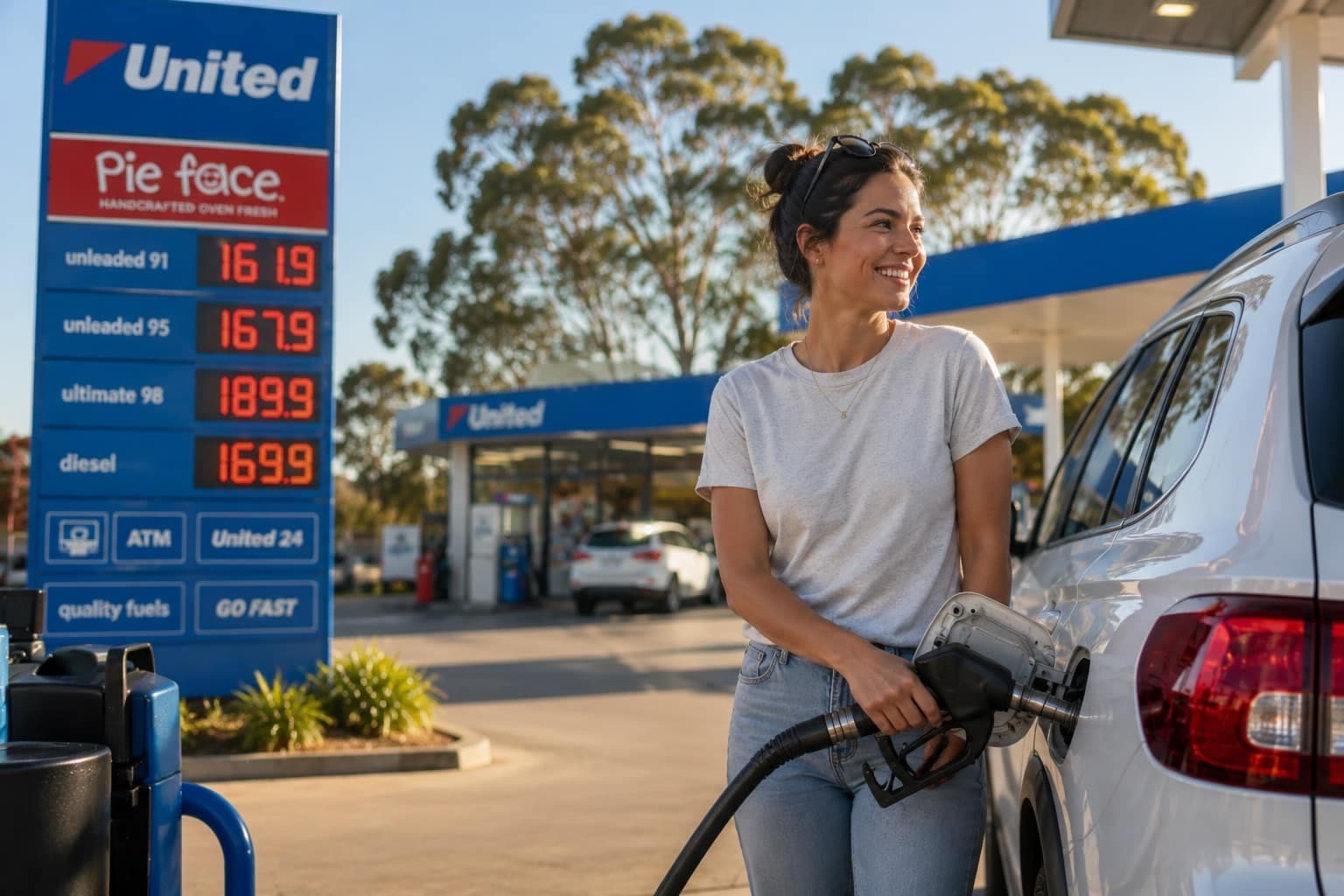 Person saving money on petrol using FuelRadar at an Australian petrol station