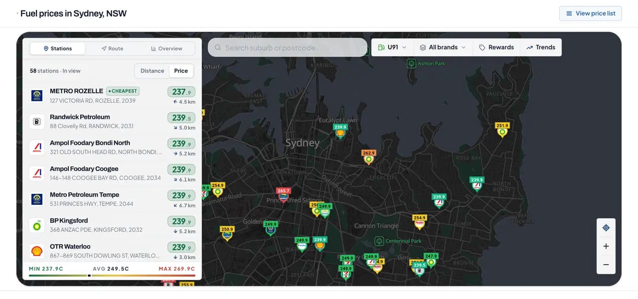 FuelRadar live fuel map showing colour-coded price pins and a ranked cheapest-stations list across Sydney
