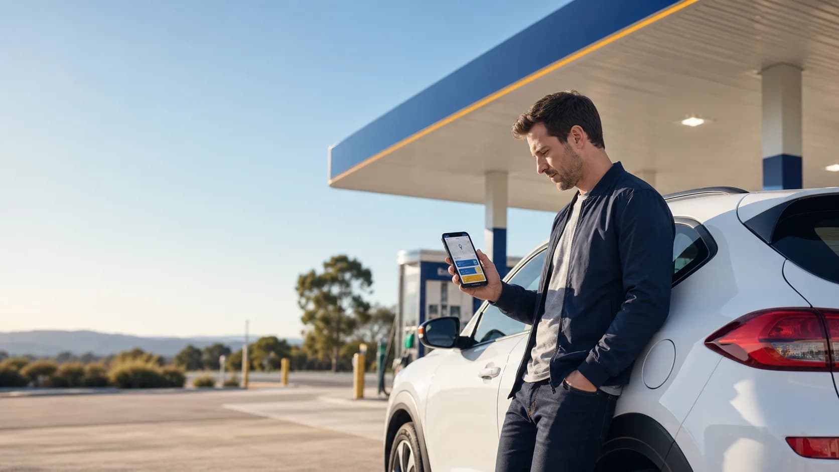 Motorist checking FuelRadar on a phone at a service station