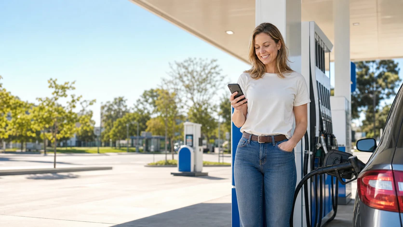 Woman checking FuelRadar at a service station before filling up