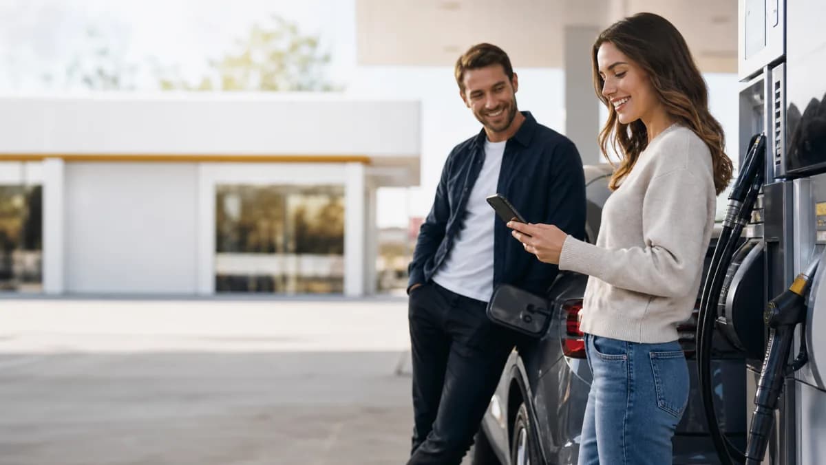 Driver checking a phone beside a service station pump