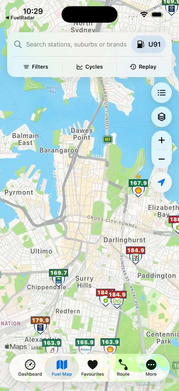 FuelRadar iPhone fuel map showing U91 price markers around Sydney