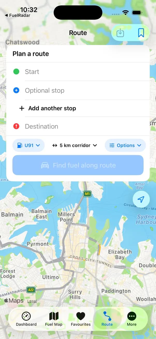 FuelRadar iPhone route planner with fuel type and route-corridor controls