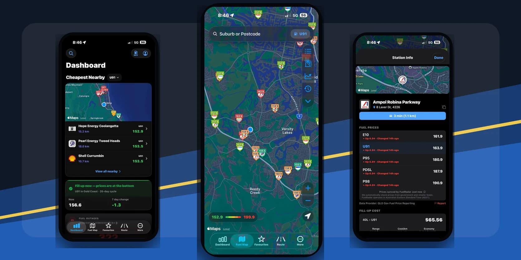 FuelRadar app showing fuel prices, station list and price alerts