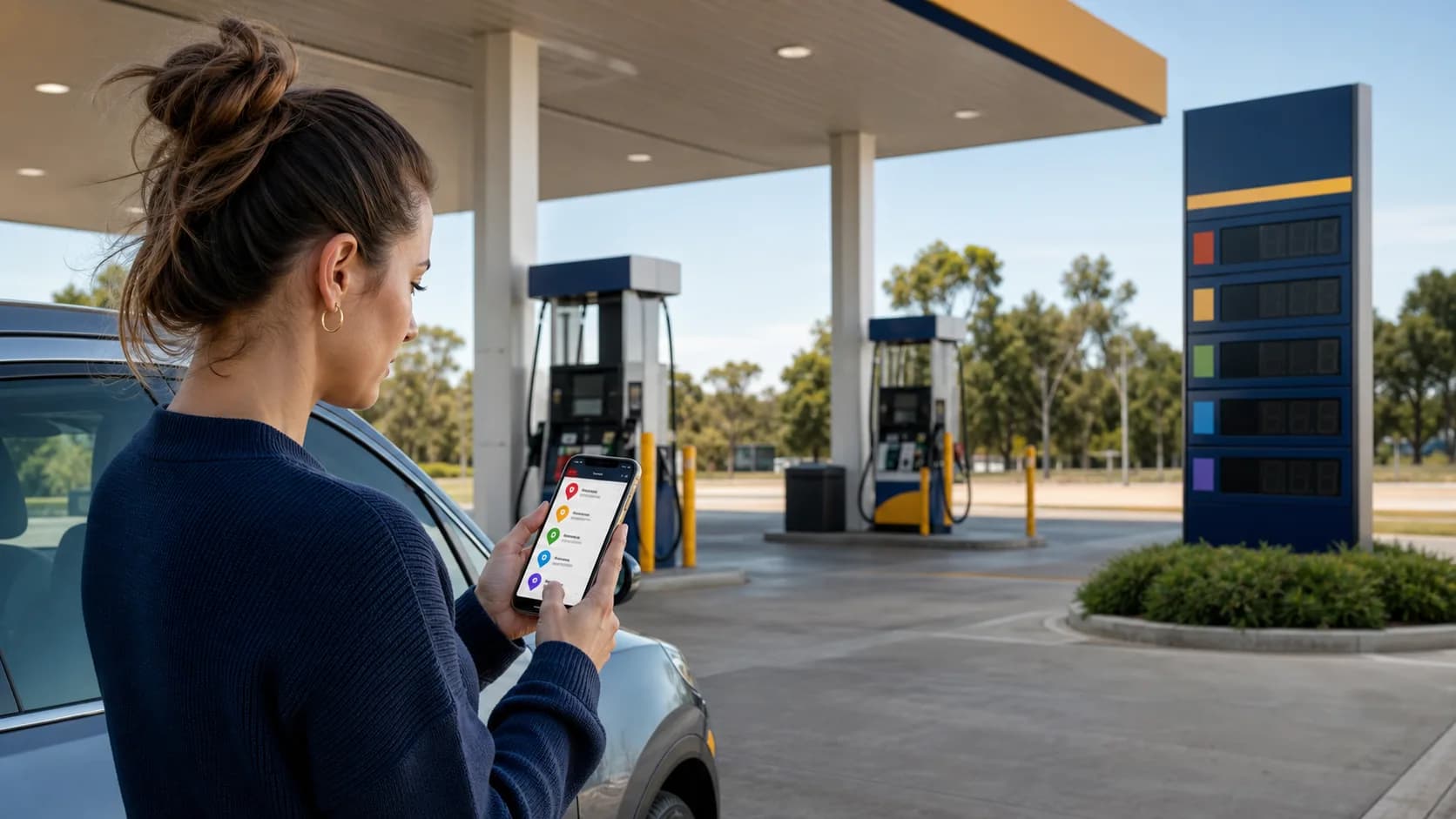 A driver comparing fuel station prices on a phone beside unbranded service station pumps