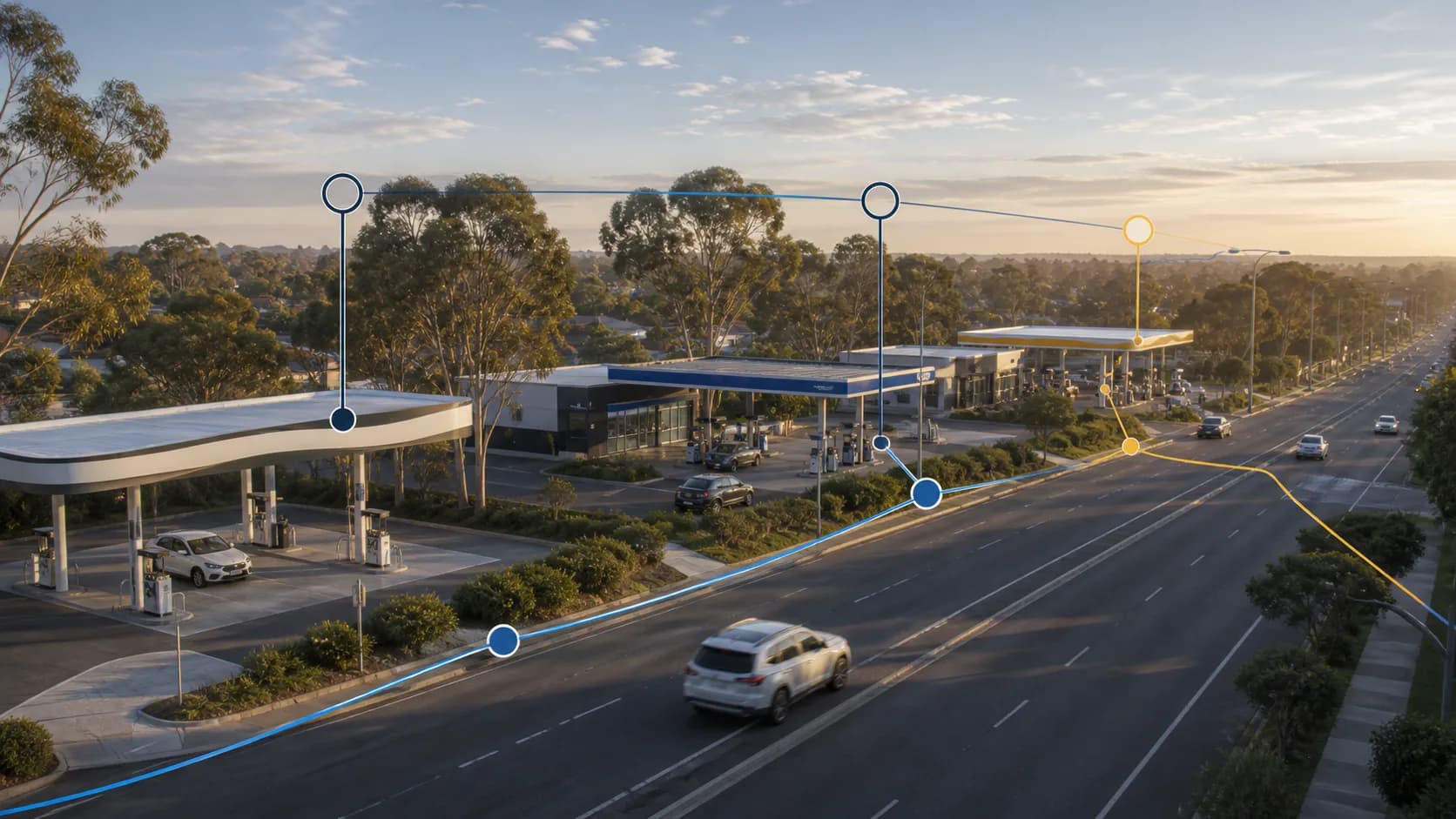Distinct Australian service-station networks connected by FuelRadar comparison markers