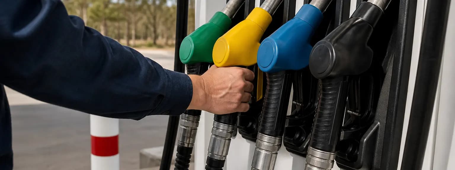 Driver choosing between four unbranded fuel pump handles at an Australian service station