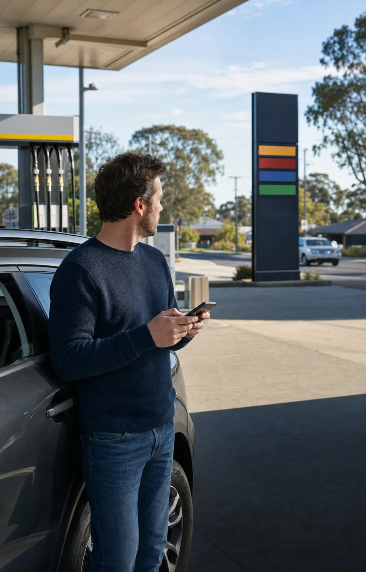 Driver checking a phone beside a car at an Australian service station