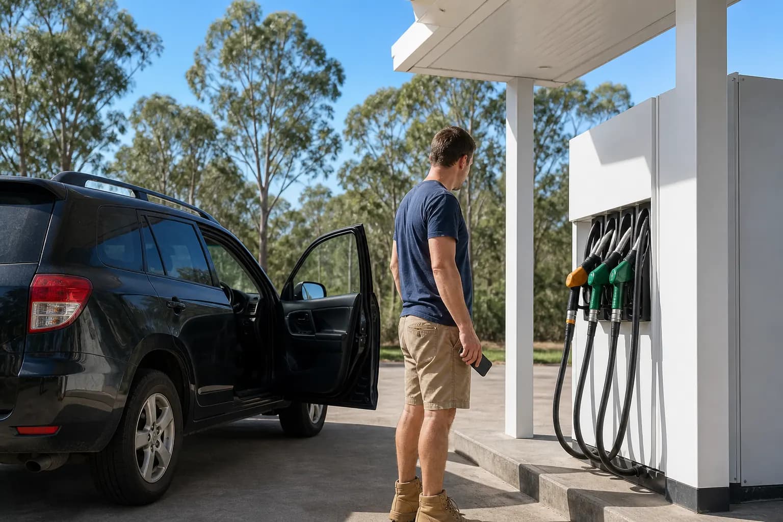 Australian driver comparing fuel grades beside a right-hand-drive SUV at an unbranded service station