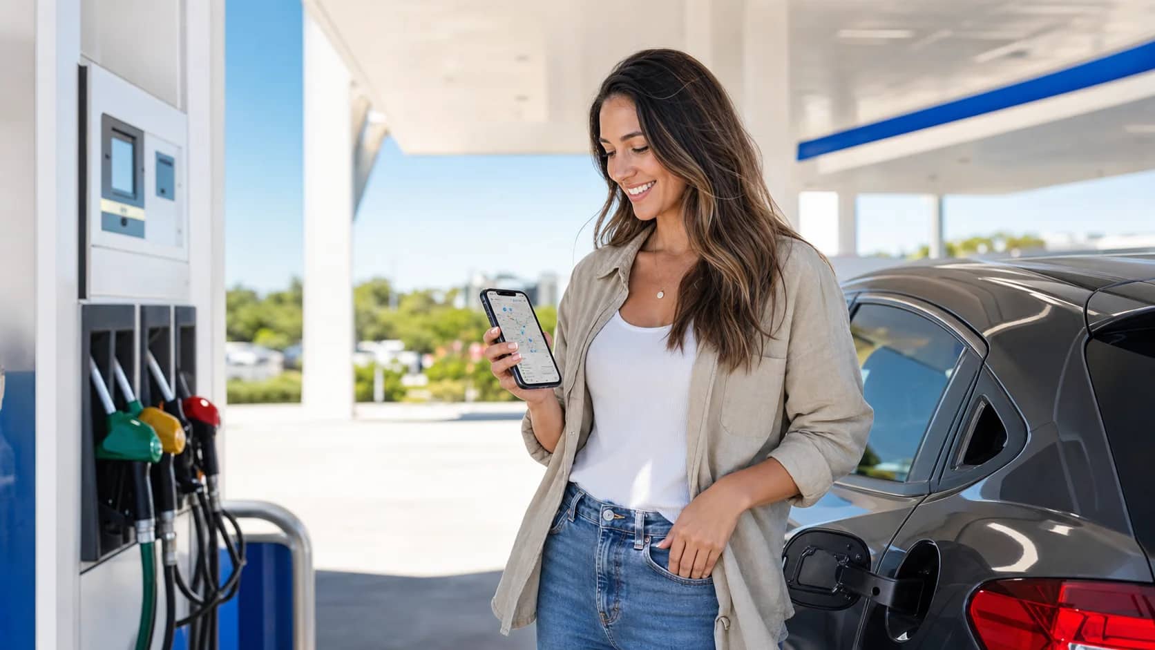 Woman checking the FuelRadar app beside a fuel pump