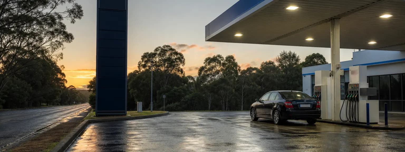 Unbranded Australian service station at first light after rain