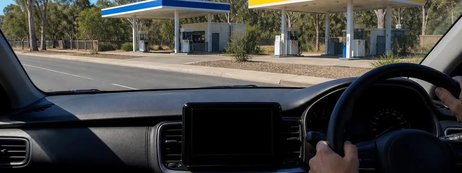 Right-hand-drive Australian driver comparing two unbranded service stations from a parked car