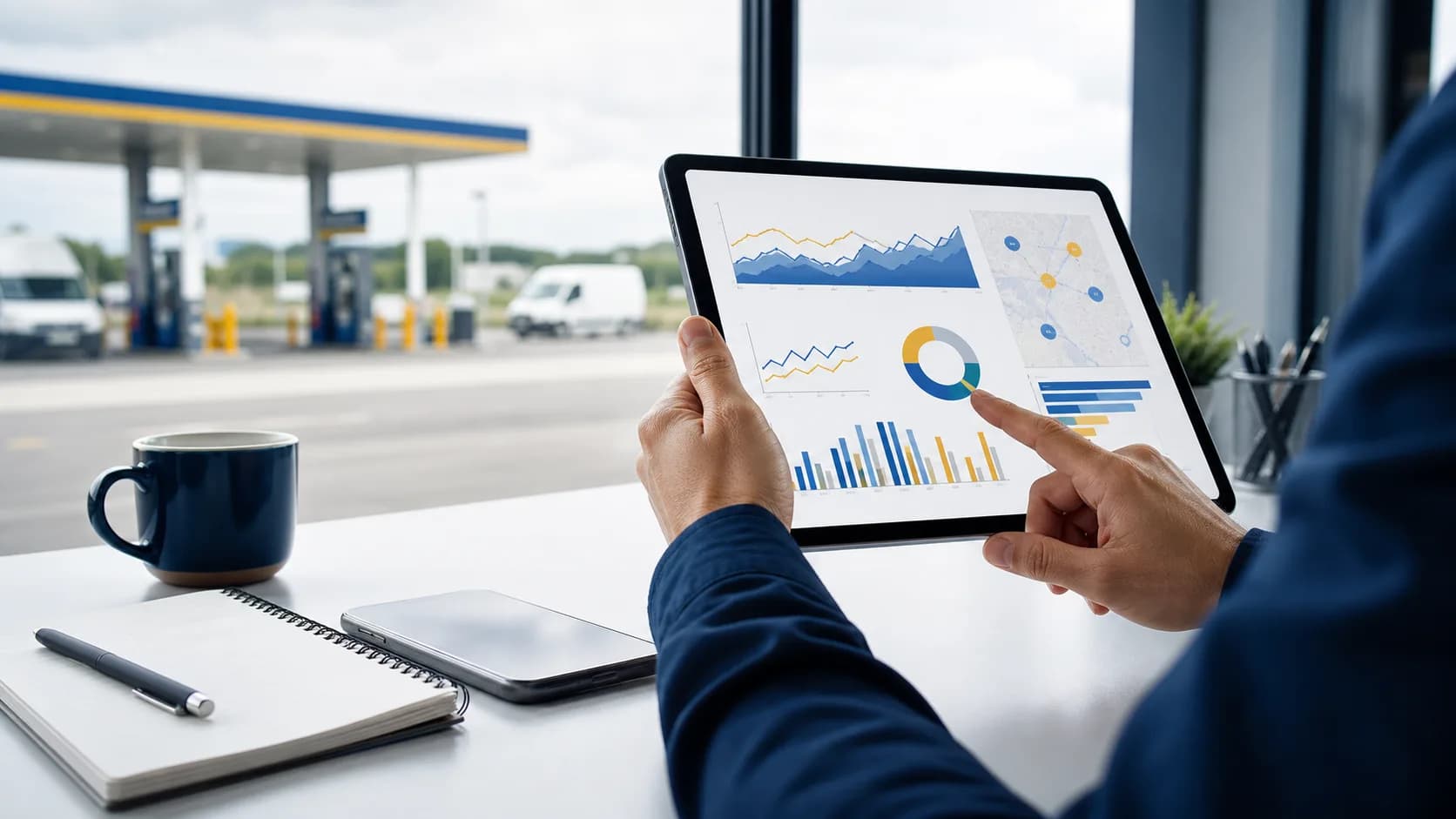 FuelRadar price report dashboard beside a modern service station forecourt