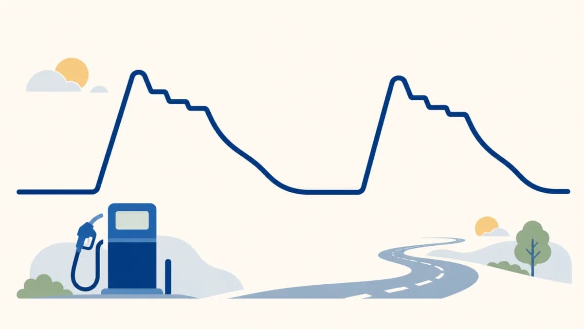 Illustrated petrol price cycle with a sharp rise followed by a gradual decline