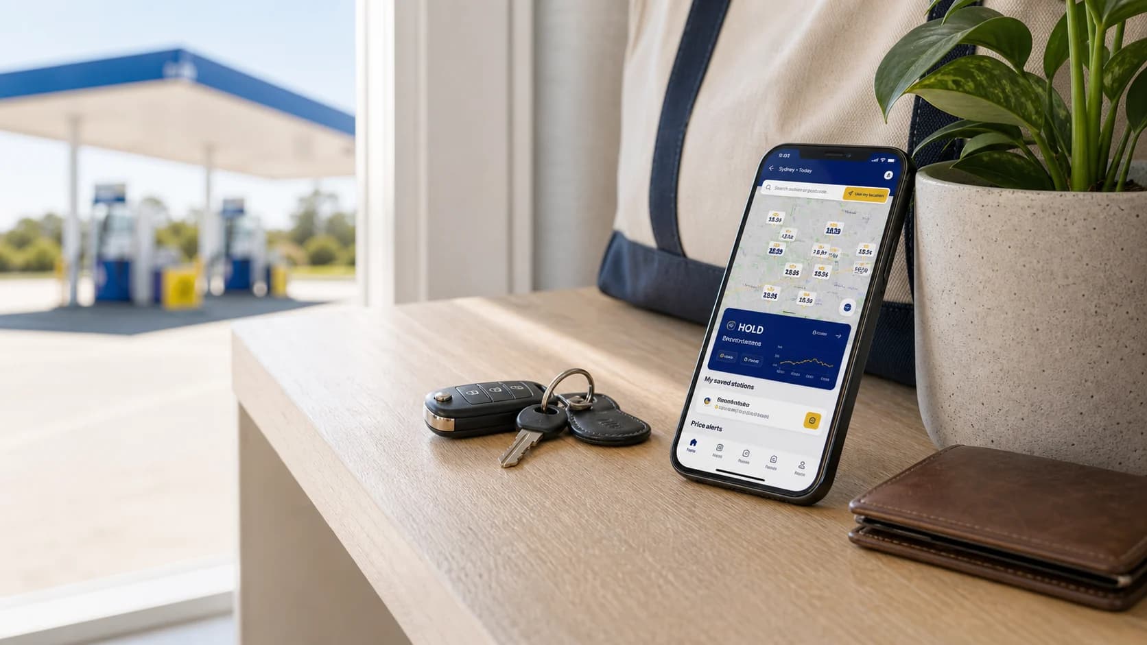 FuelRadar+ price alerts and saved stations shown on a phone beside car keys