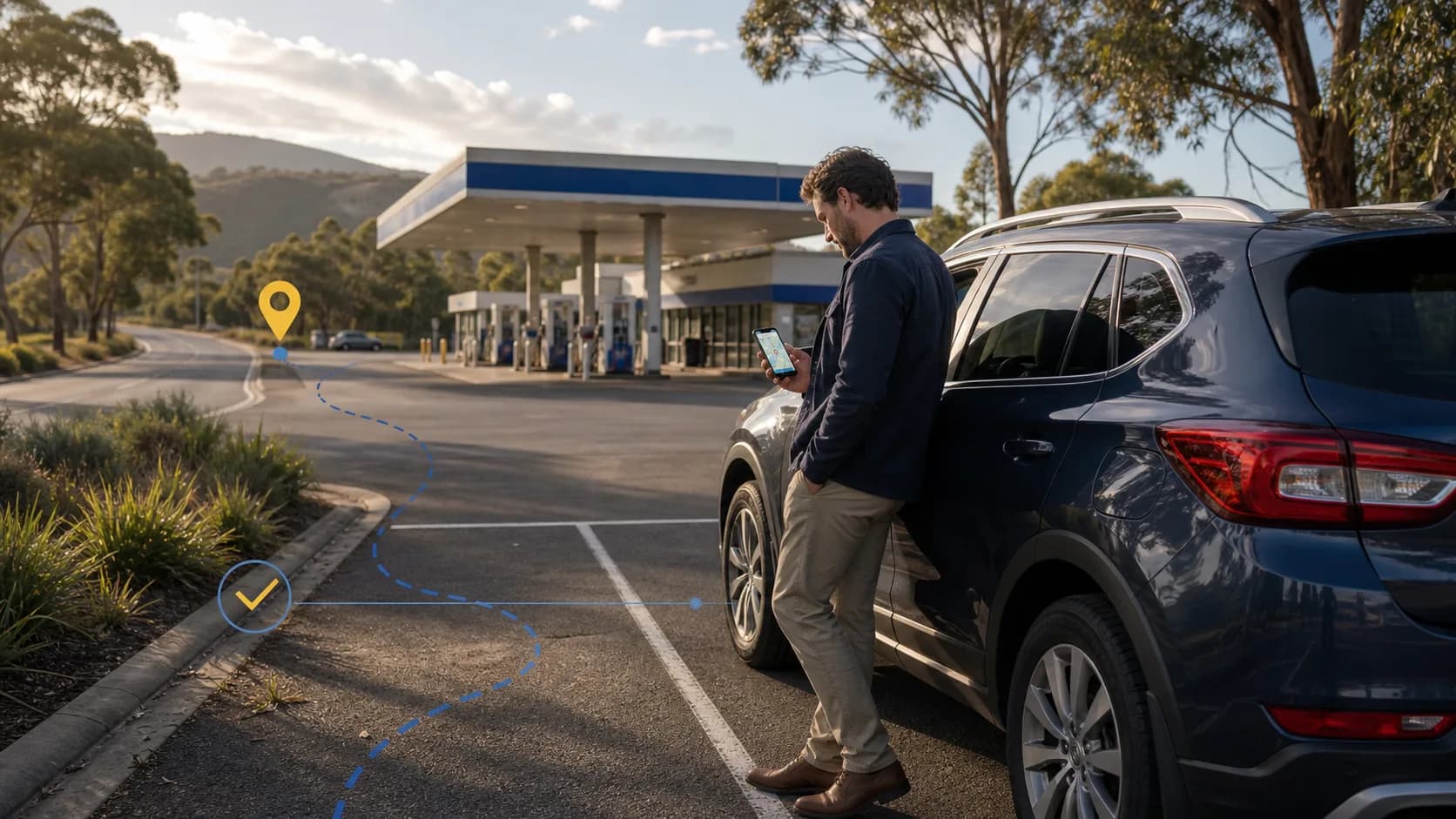 Australian motorist checking fuel information beside a parked car before driving
