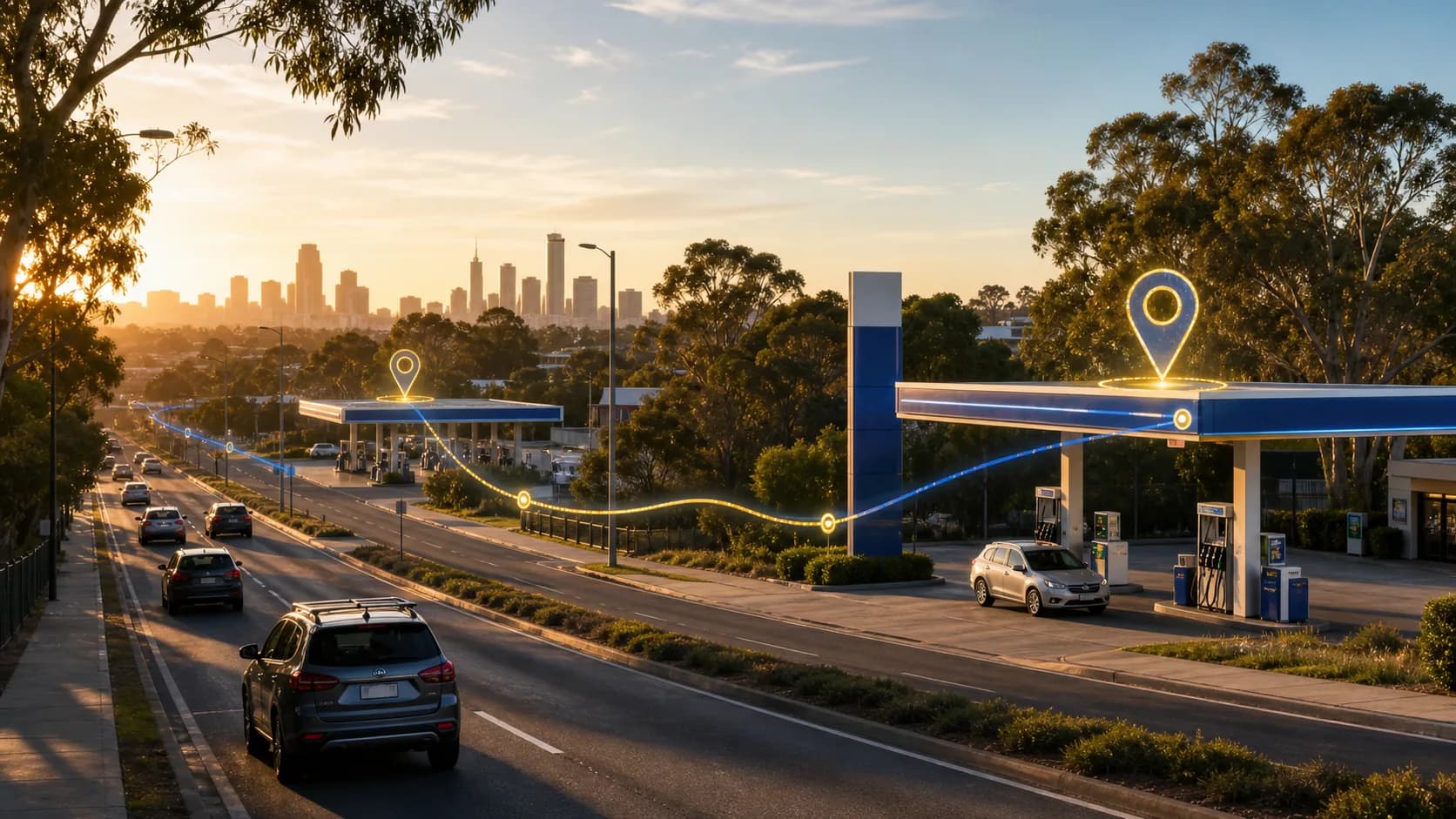 Two Australian service stations connected by FuelRadar price-comparison markers in Tasmania
