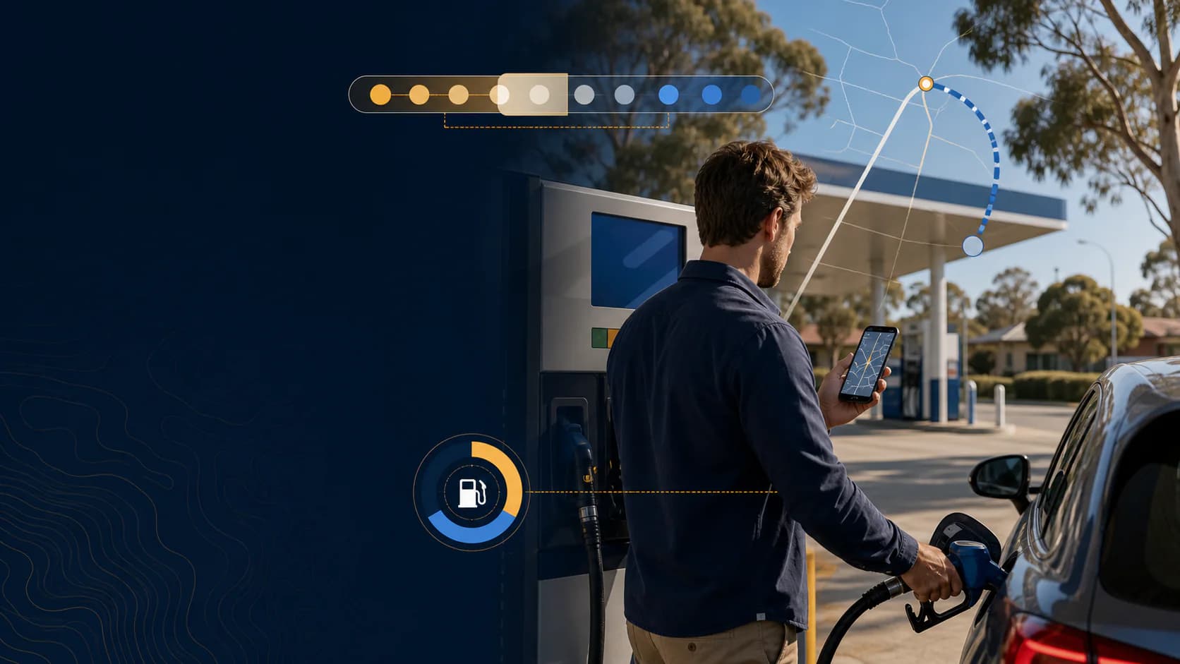 Driver comparing fuel information at an Australian service station