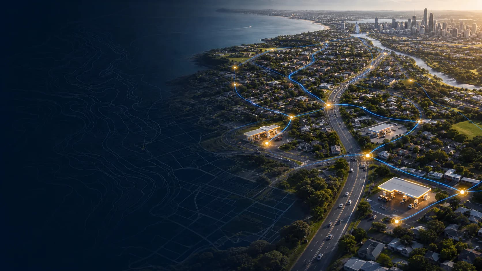Australian suburbs and service stations connected by fuel price routes