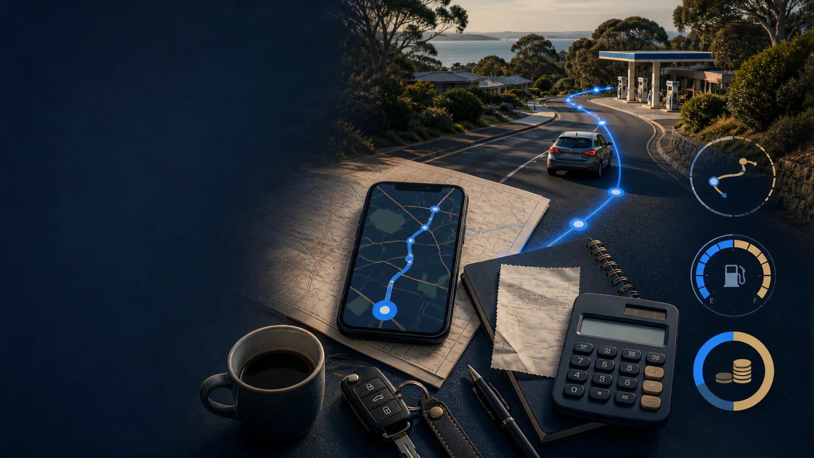 Australian road trip planning with a fuel stop, route map and cost tools