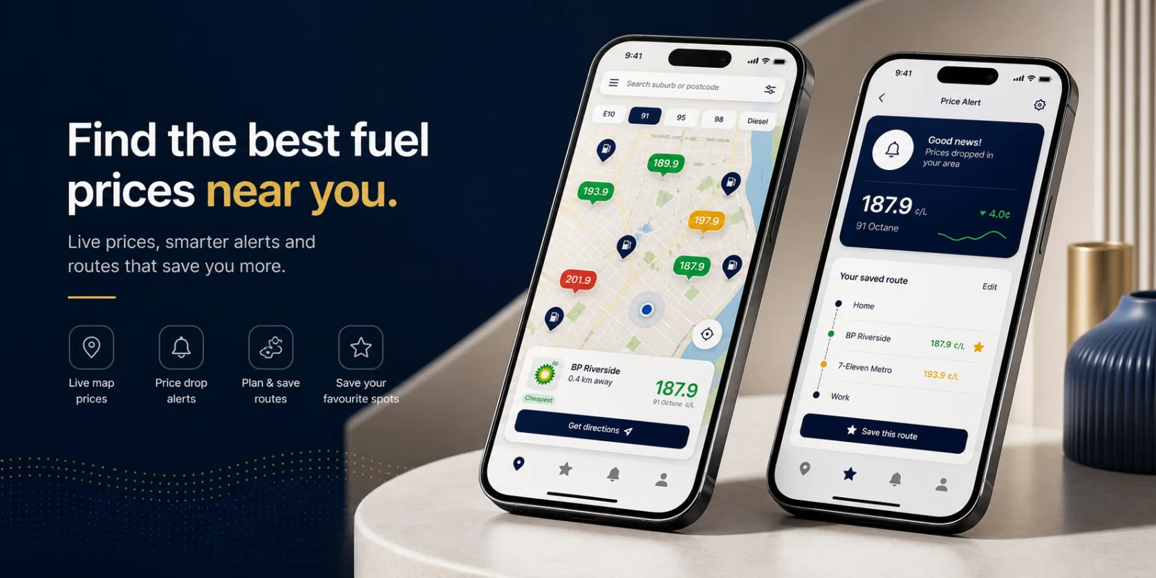 FuelRadar app showing live fuel prices, price alerts and saved routes