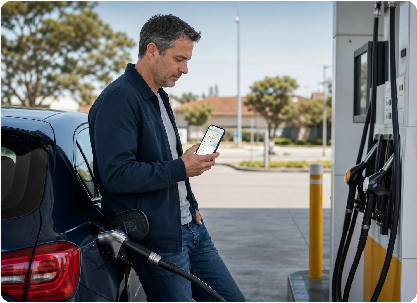 An Australian commuter checking fuel prices before filling up