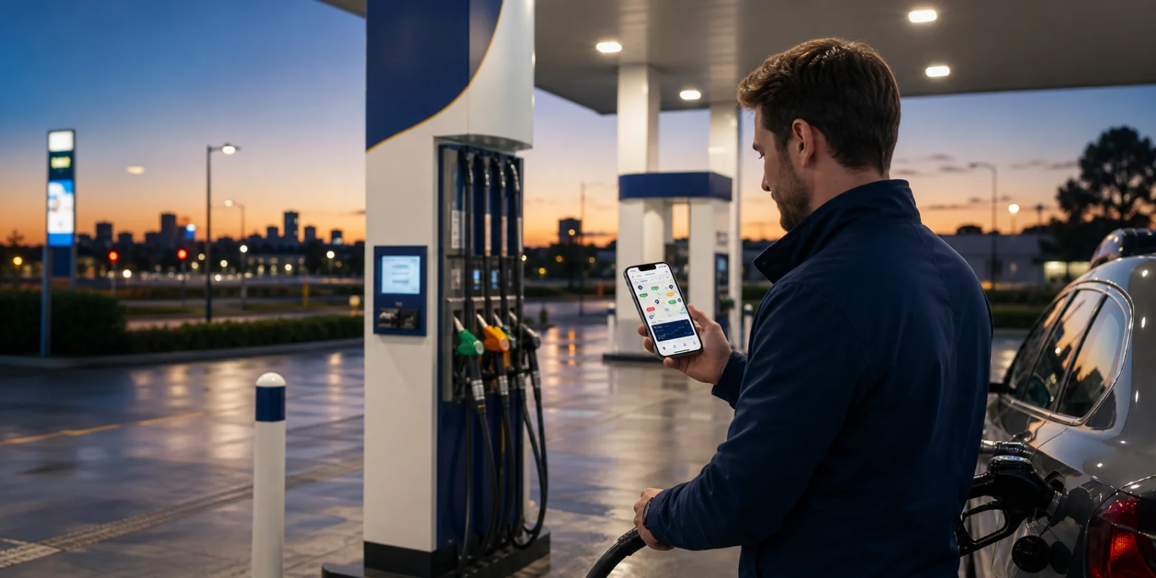 Driver checking FuelRadar live price data beside a modern service station forecourt at dusk